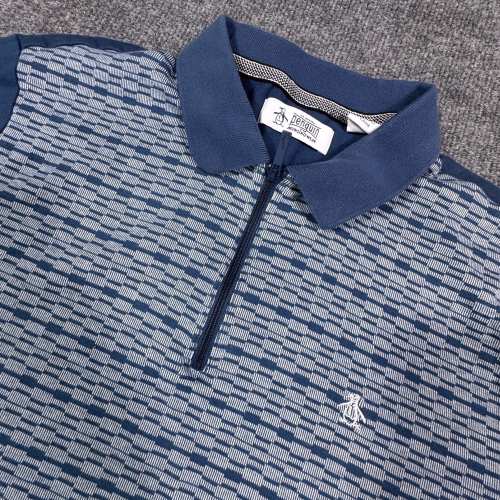 Original Penguin Mens XL‎ Zip Polo Shirt Navy Blue Geometric Textured Cotton